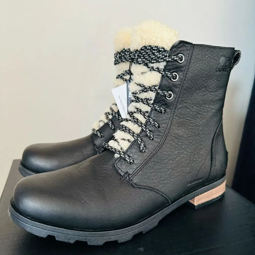SOREL Emelie Genuine Shearling Lamb Fur Short Lace-Up‎ Boot, Black, Size 9, NWT